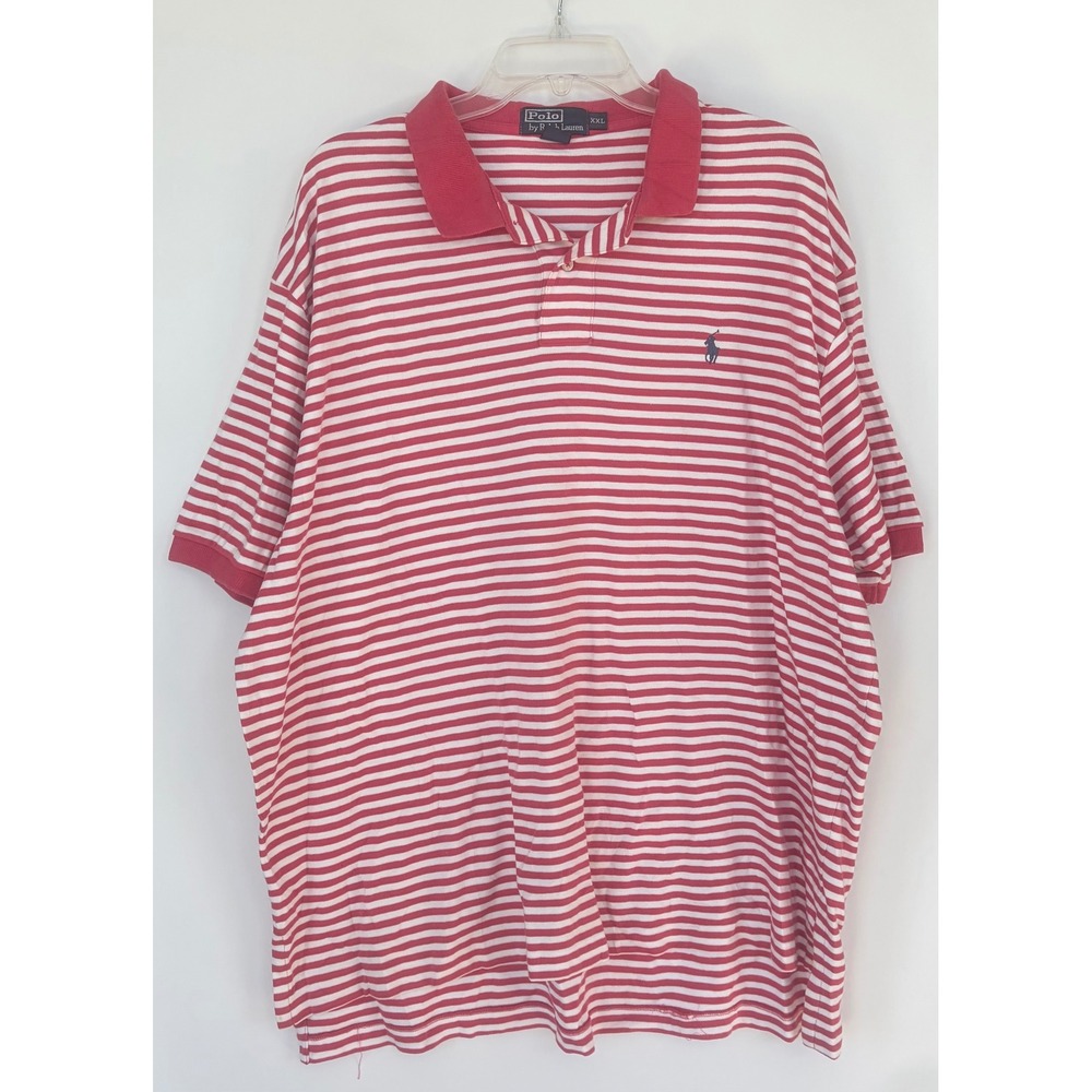 Polo Ralph Lauren Mens XXL Salmon White Striped Cotton Short Sleeve Polo Shirt